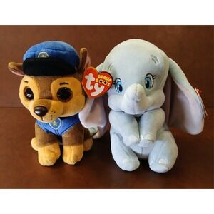 NWT Ty Bundle •2 -DUMBO‎ & -Paw Patrol Chase Police Dog Soft Plush Stuffed #Ty17